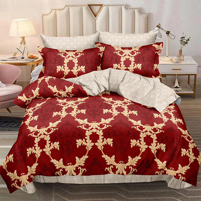 Спално бельо с ластик – червено със светлобежово на плетеници от листенца