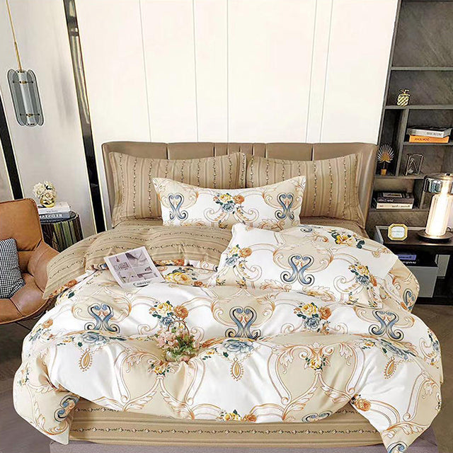 Спално бельо от 100% памук с ластик - бяло и бежово с интересен дизайн