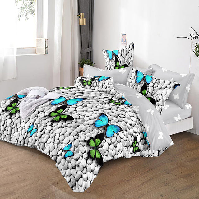 Спално бельо с ластик – сиво с камъчета и пеперуди