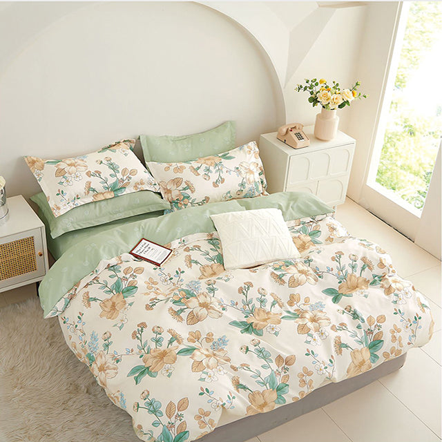 Спално бельо от 100% памук с ластик - екрю и зелено с цветя