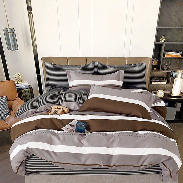 Спално бельо от 100% памук с ластик - сиво, кафяво и бяло на ивици