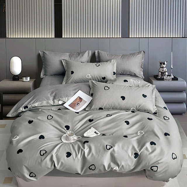 Спално бельо от 100% памук с ластик - сиво със сърца