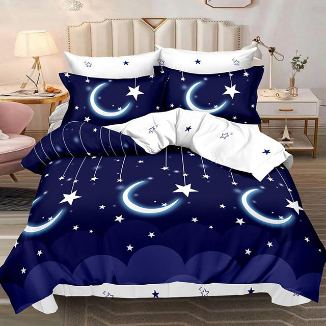 Спално бельо с ластик – синьо и бяло със звезди и луни