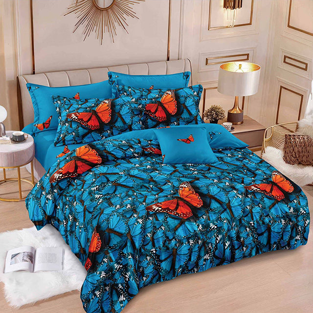 Спално бельо от 100% памук с ластик - синьо с пеперуди