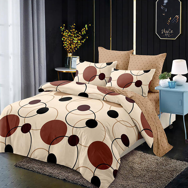 Спално бельо с ластик – бежово и кафяво с кръгове
