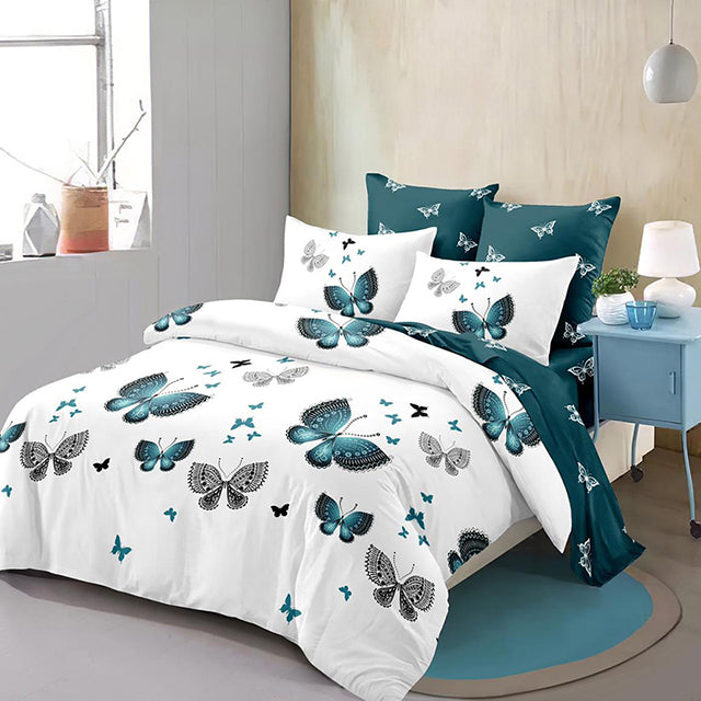 Спално бельо с ластик – бяло и синьо с пеперуди