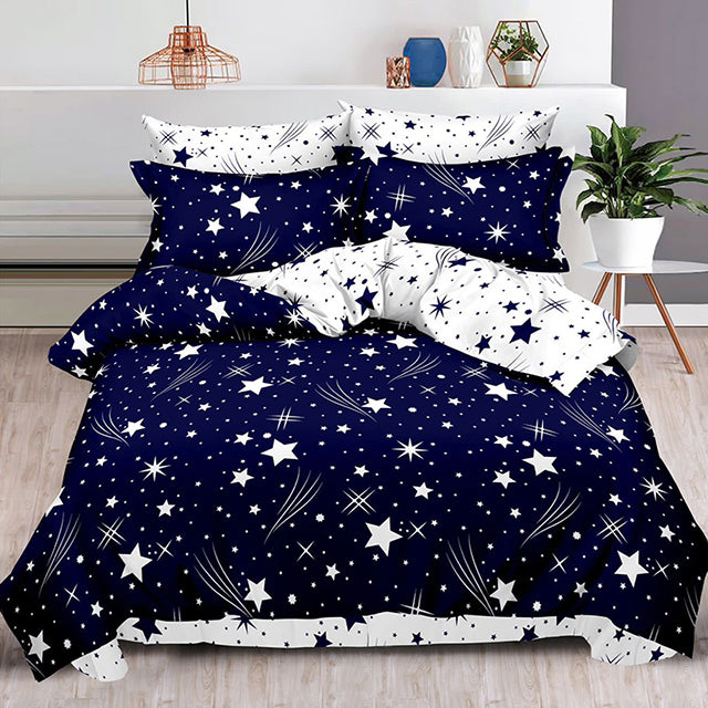 Спално бельо с ластик – тъмносиньо и бяло със звезди