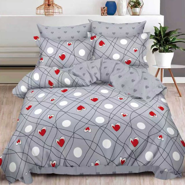 Спално бельо от 100% памук с ластик - сиво със сърчица