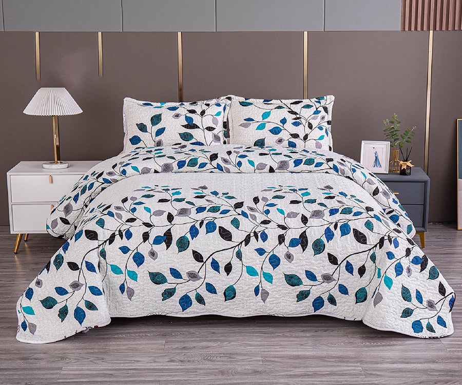 Двулицево спално бельо от 100% памук – бяло със сини листа
