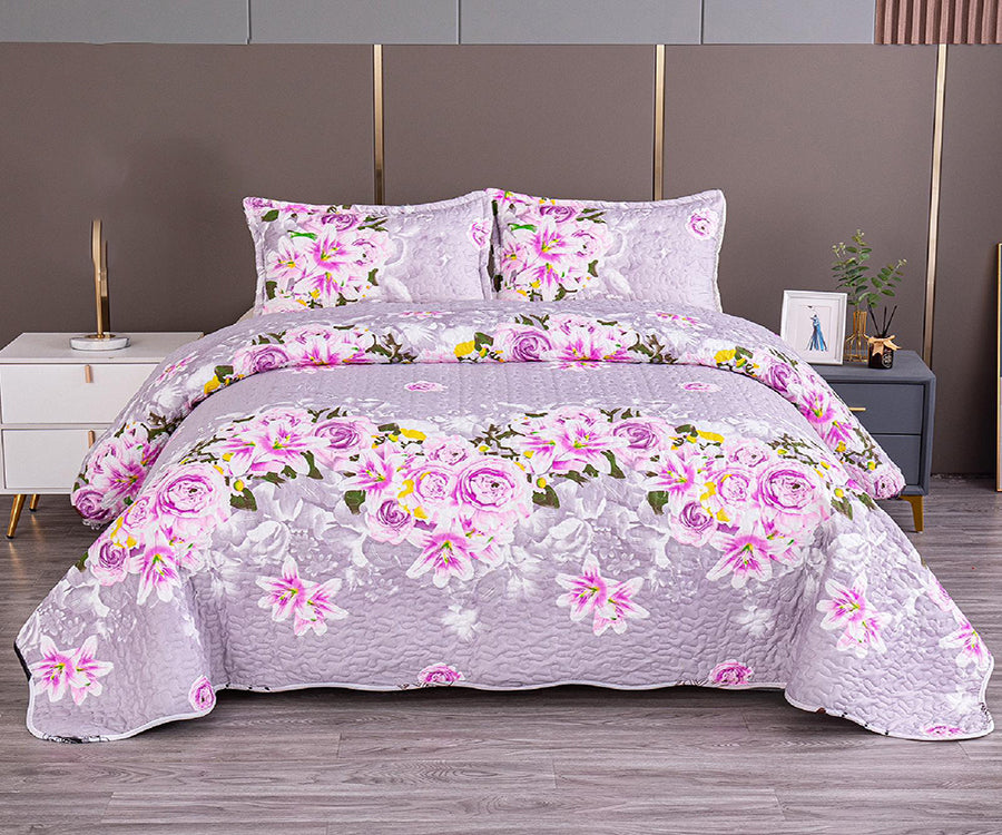 Двулицево спално бельо от 100% памук – сиво с розови цветя