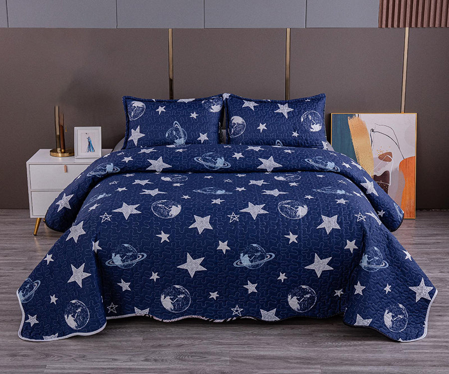 Двулицево спално бельо от 100% памук – тъмносиньо с планети и звезди