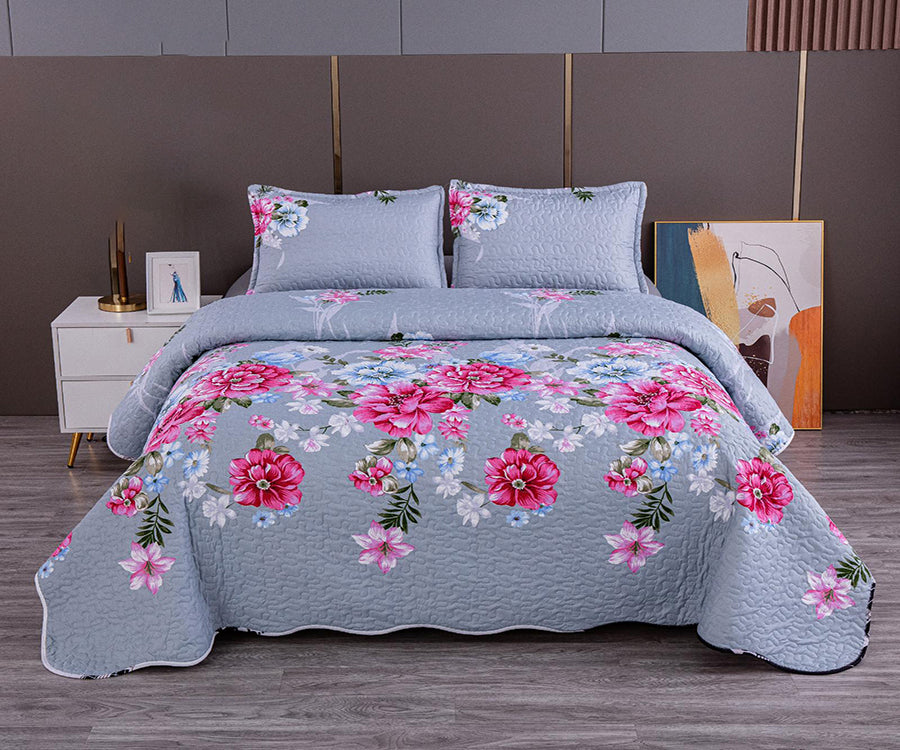 Двулицево спално бельо от 100% памук – сиво с розови цветя