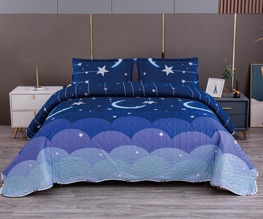 Двулицево спално бельо от 100% памук – тъмносиньо с луни и звезди