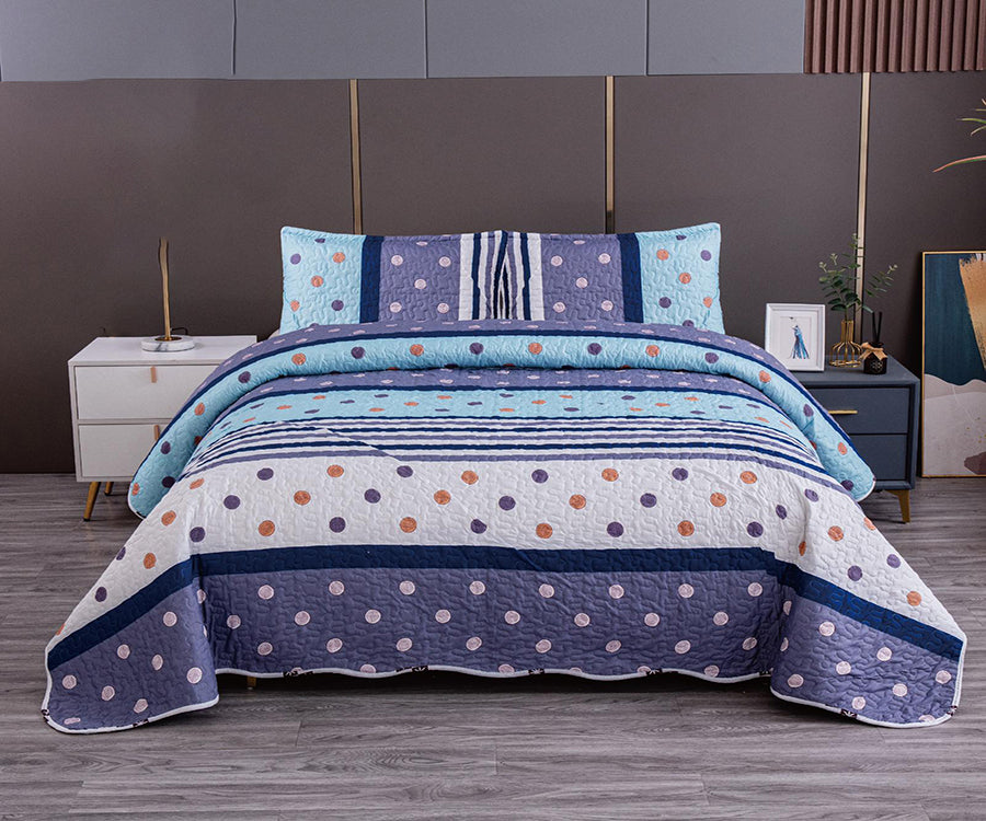 Двулицево спално бельо от 100% памук – синьо, бяло и лилаво с кръгове