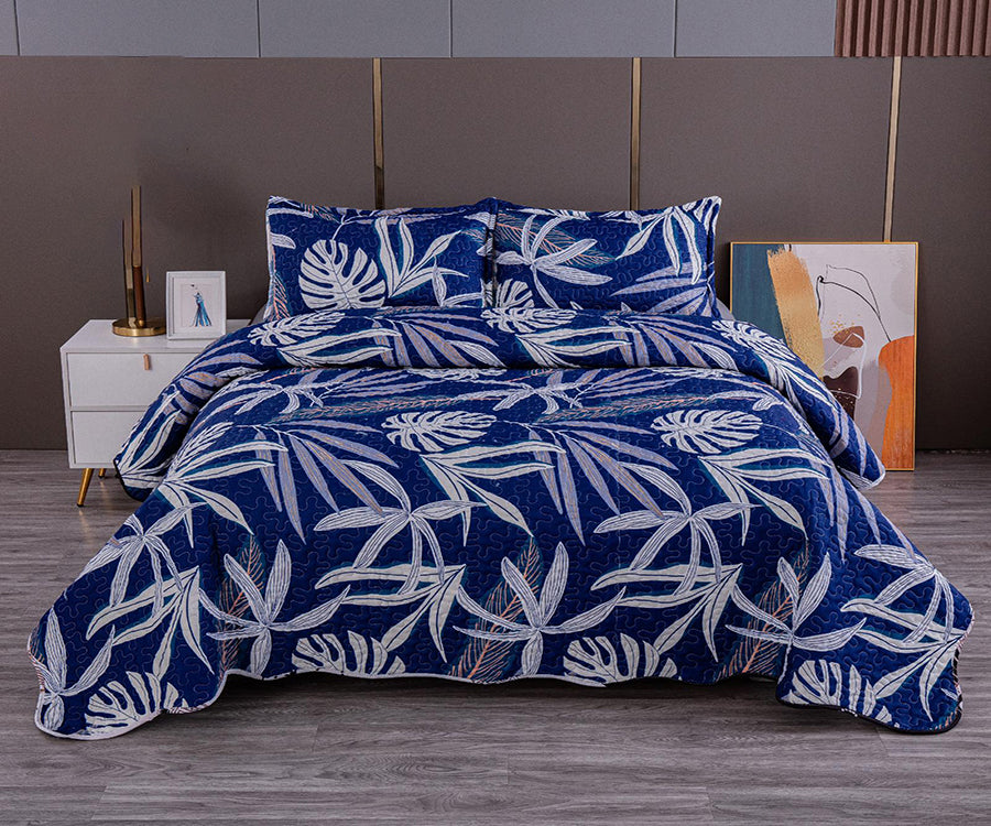 Двулицево спално бельо от 100% памук – тъмносиньо с бели листа