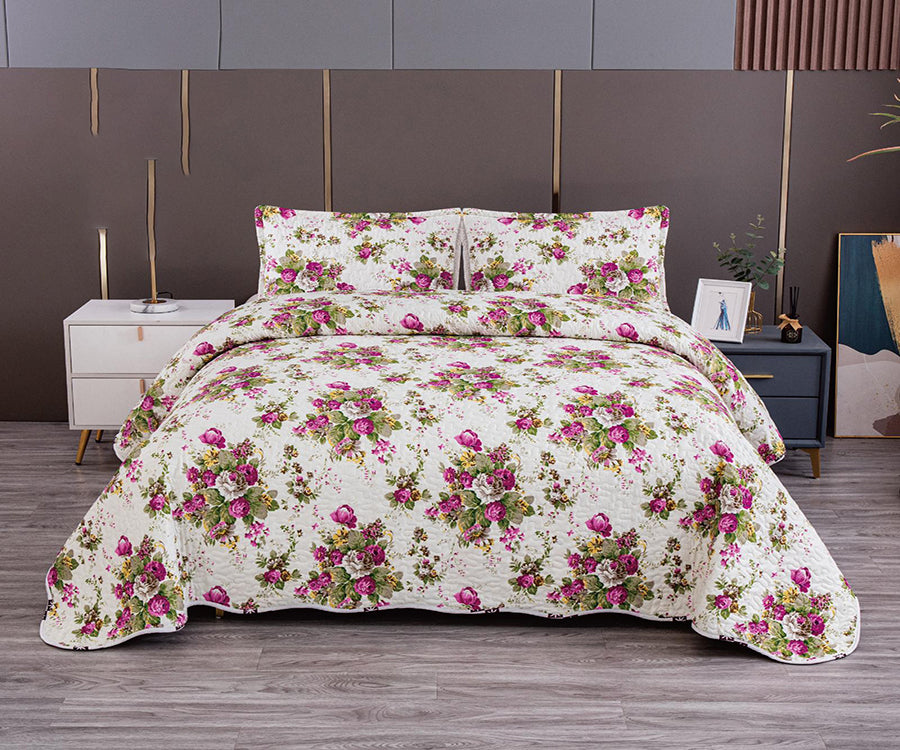 Двулицево спално бельо от 100% памук – бели с розови букети цветя