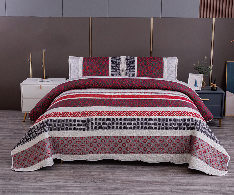Двулицево спално бельо от 100% памук – сиво с червени ленти и орнаменти