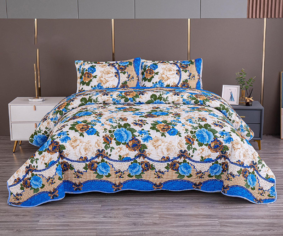 Двулицево спално бельо от 100% памук – екрю и синьо с рози