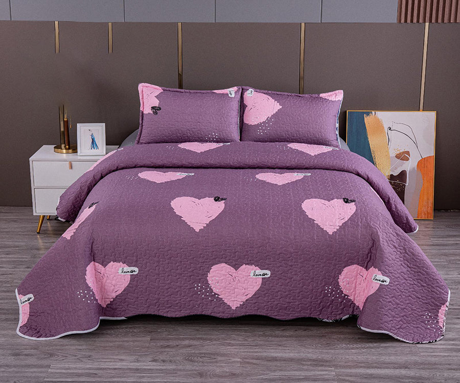 Двулицево спално бельо от 100% памук – лилаво и розово със сърца
