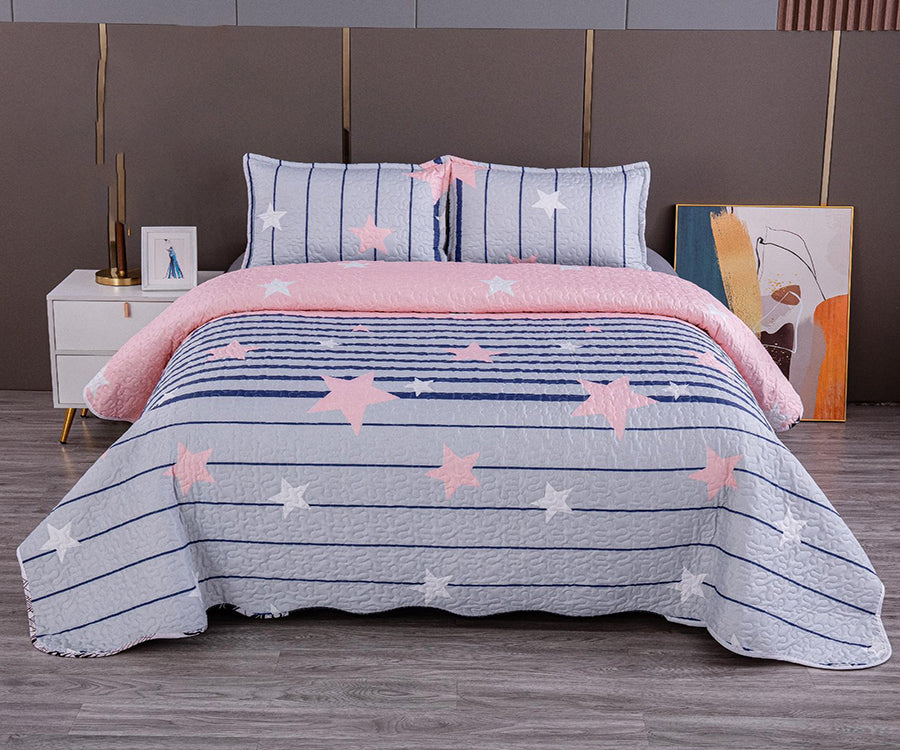 Двулицево спално бельо от 100% памук – сиво и розово със звездички