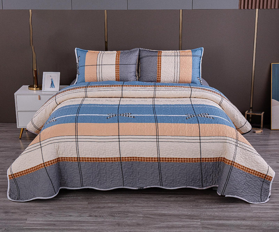 Двулицево спално бельо от 100% памук – бежово, синьо и сиво с панделки