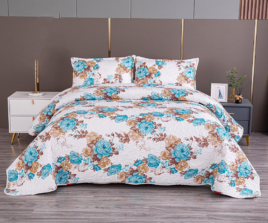 Двулицево спално бельо от 100% памук – бяло със сини рози