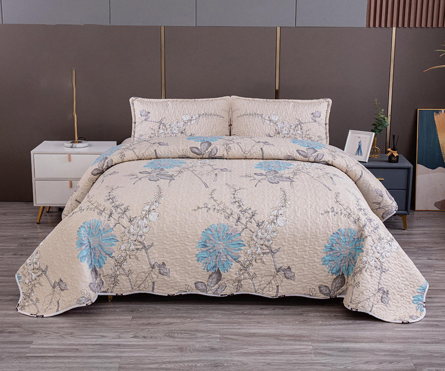 Двулицево спално бельо от 100% памук – лимонов цвят със сини цветя