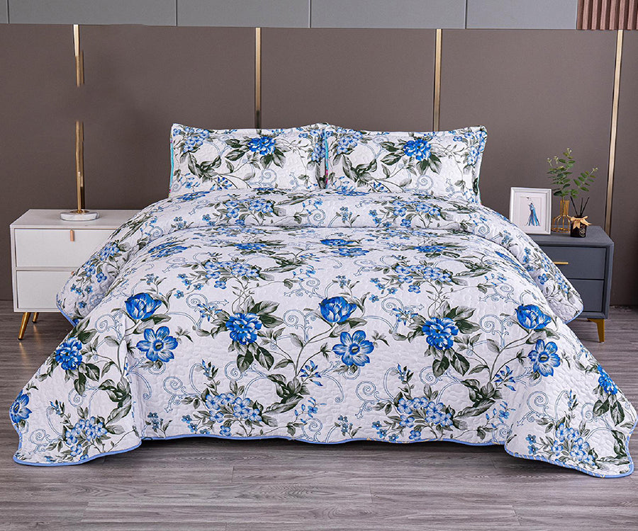 Двулицево спално бельо от 100% памук – бяло със сини цветя
