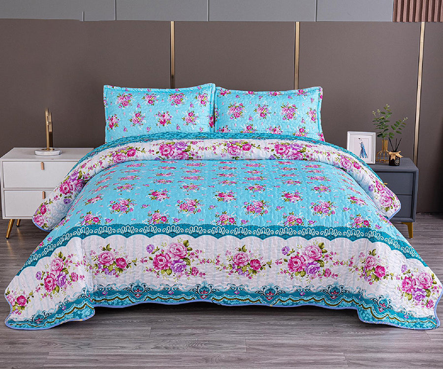 Двулицево спално бельо от 100% памук – синьо с розови рози