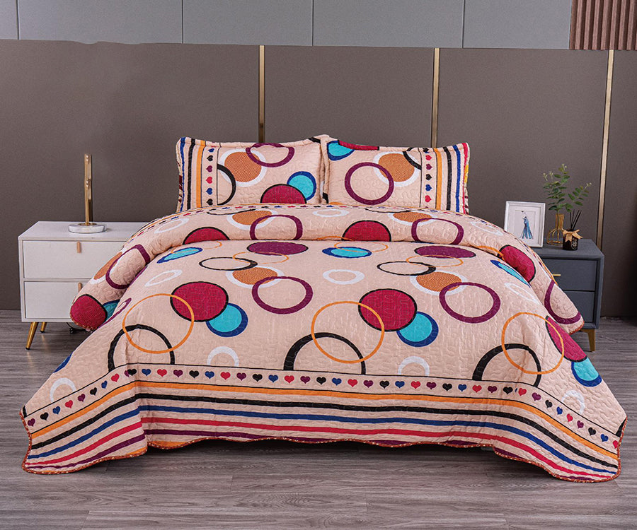 Двулицево спално бельо от 100% памук – бежово с кръгове и сърца