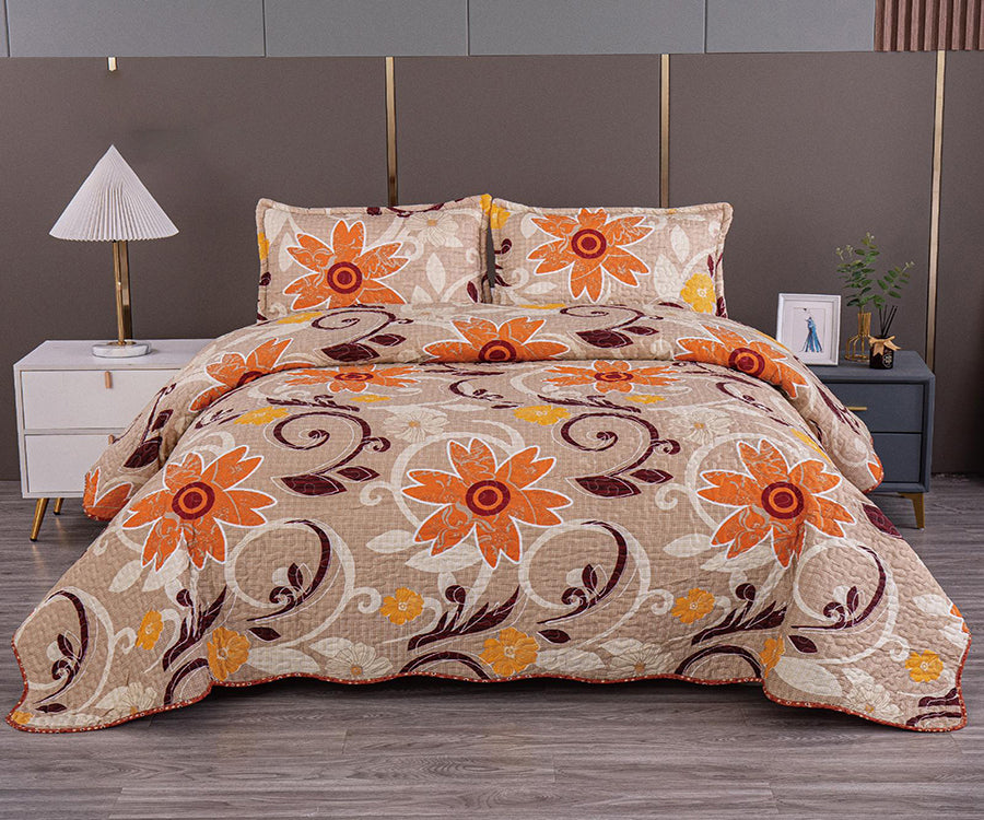Двулицево спално бельо от 100% памук – светлокафяво с оранжеви цветя
