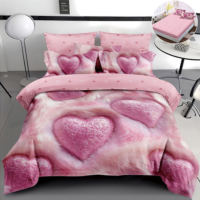 5D спално бельо от 4 части с ластик - розово със сърца 
