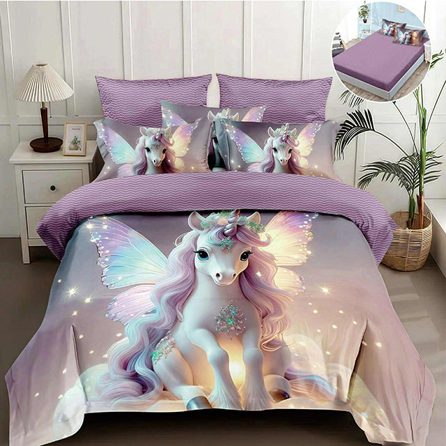 5D спално бельо от 4 части с ластик - светлолилаво с еднорог