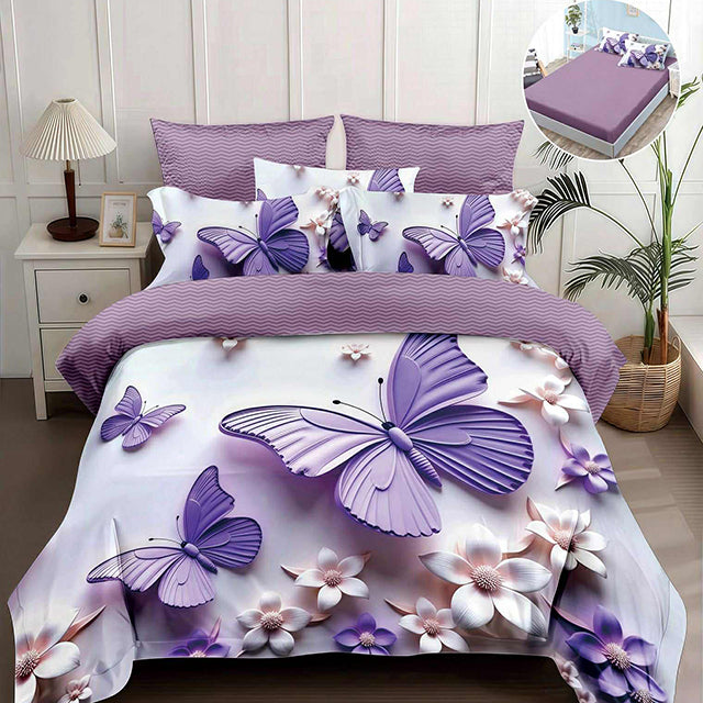 5D спално бельо от 4 части с ластик - лилаво с пеперуди