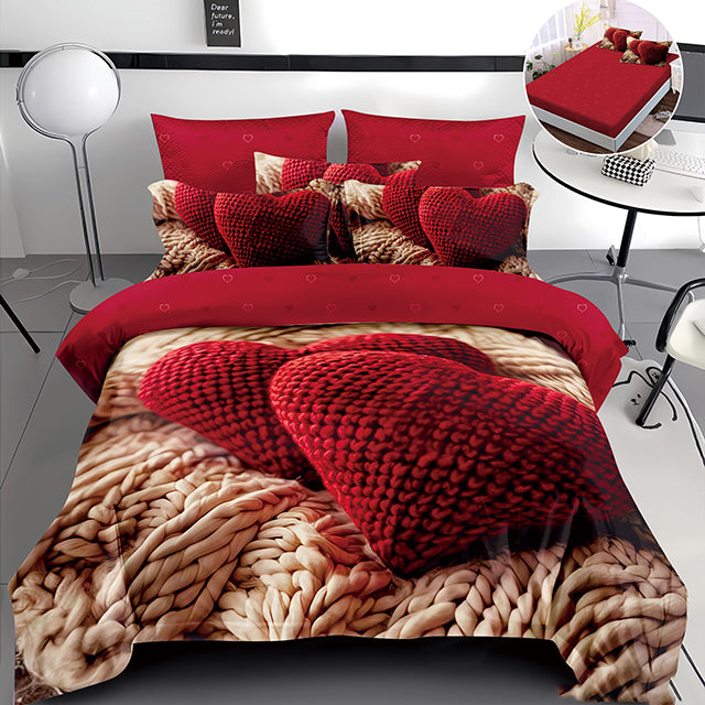 5D спално бельо от 4 части с ластик - червено със сърца