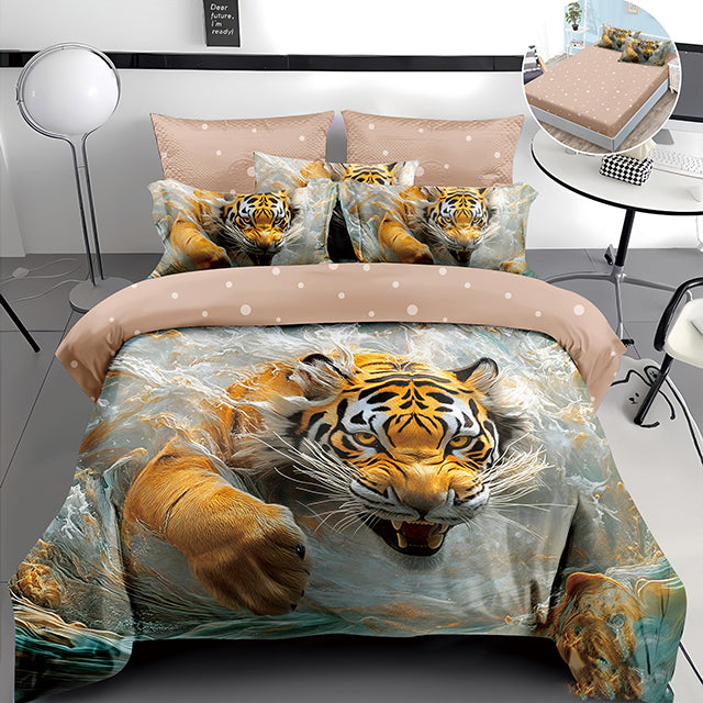 5D спално бельо от 4 части с ластик - бежово с тигър
