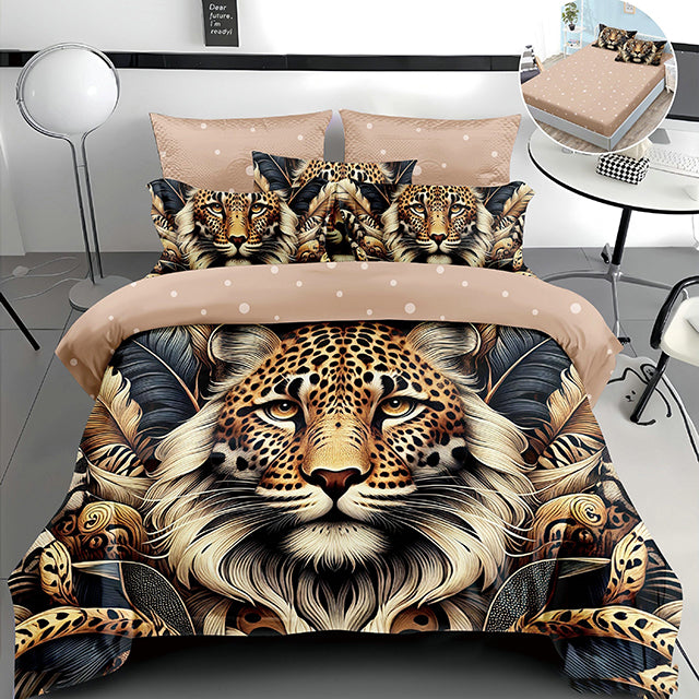 5D спално бельо от 4 части с ластик - бежово с тигър и пера