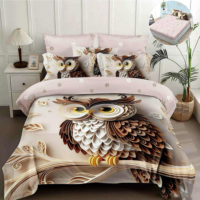 5D спално бельо от 4 части с ластик - бежово с бухалче