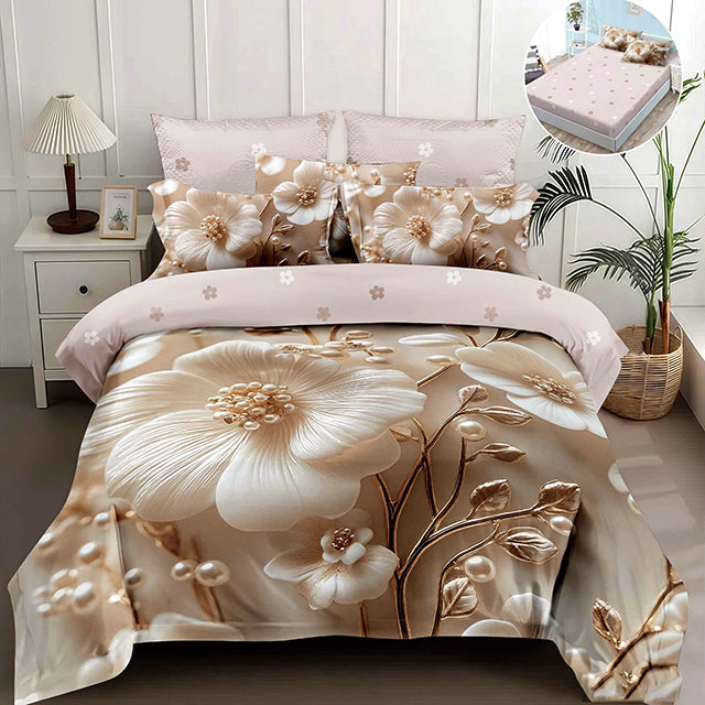 5D спално бельо от 4 части с ластик - цвят крем с цветя 
