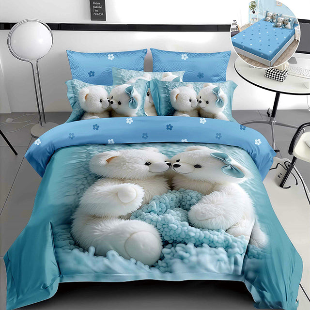 5D спално бельо от 4 части с ластик - светлосиньо с мечета