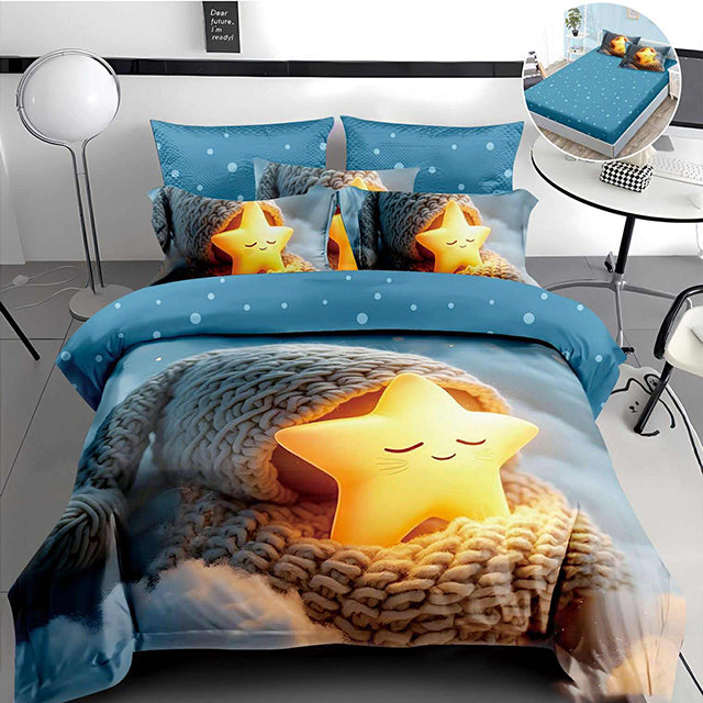 5D спално бельо от 4 части с ластик - синьо със звезда