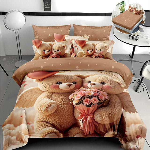 5D спално бельо от 4 части с ластик - светлокафяво с мечета