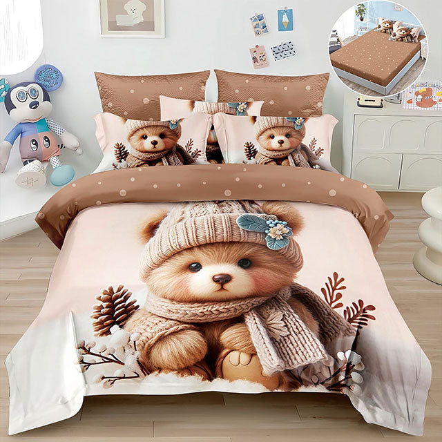 5D спално бельо от 4 части с ластик - бежово и кафяво с мече 