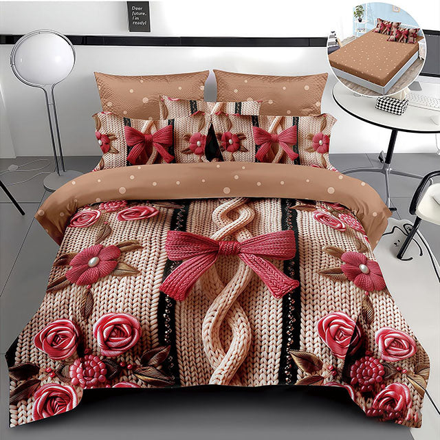 5D спално бельо от 4 части с ластик - кафяв цвят с цветя и панделки 
