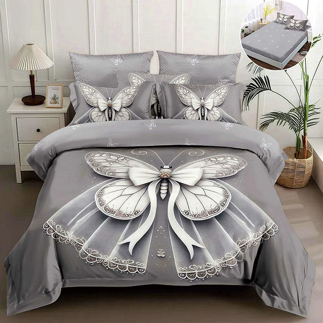 5D спално бельо от 4 части с ластик - сиво с пеперуда 