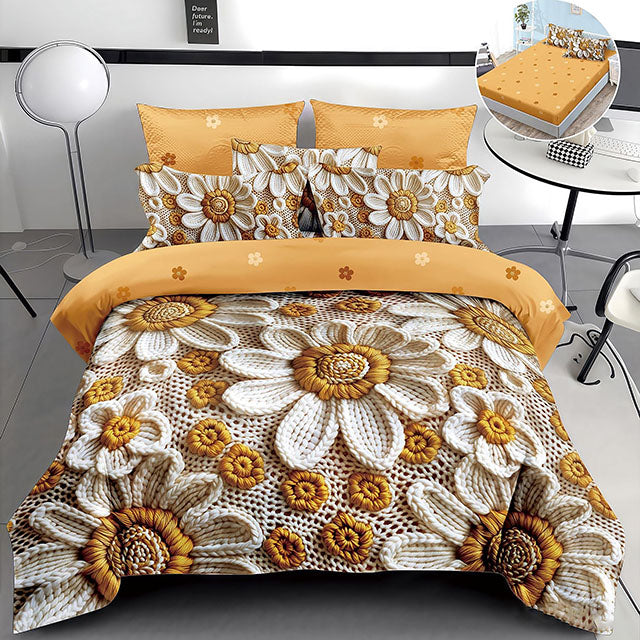 5D спално бельо от 4 части с ластик - бежово и жълто с цветя 