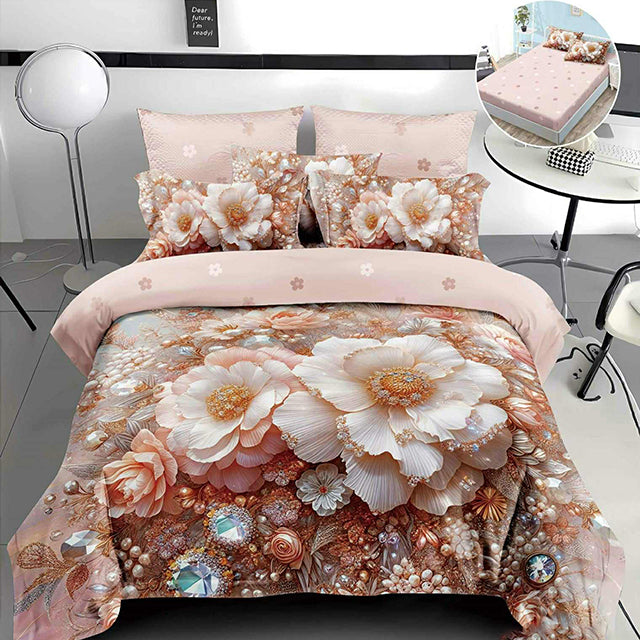 5D спално бельо от 4 части с ластик - цвят пепел от рози с цветя