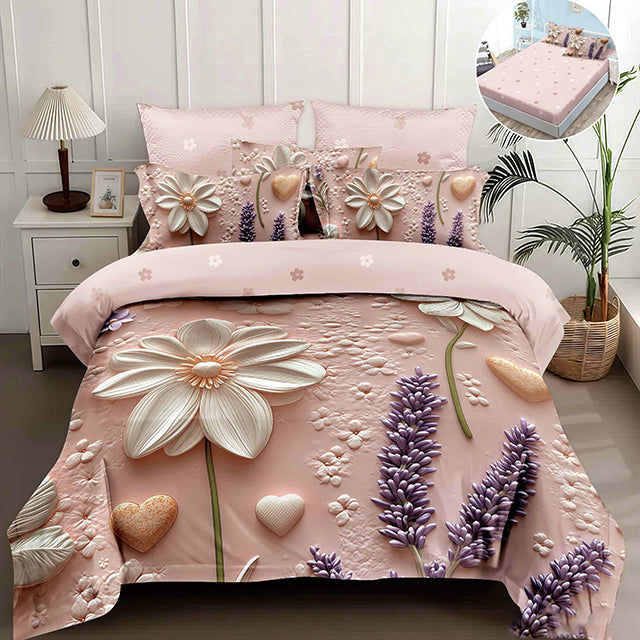 5D спално бельо от 4 части с ластик - светлорозово с цветя