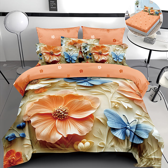 5D спално бельо от 4 части с ластик - цвят праскова с пеперуди и цветя