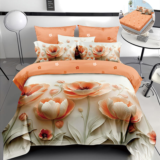 5D спално бельо от 4 части с ластик - цвят праскова с цветенца